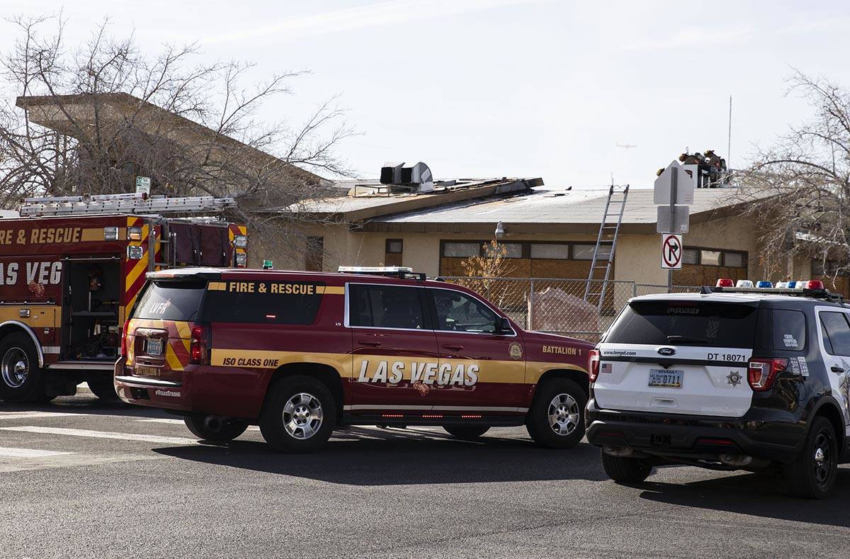 Las Vegas firefighters battle a two-alarm fire at the vacant St. Joseph’s Catholic School in ...