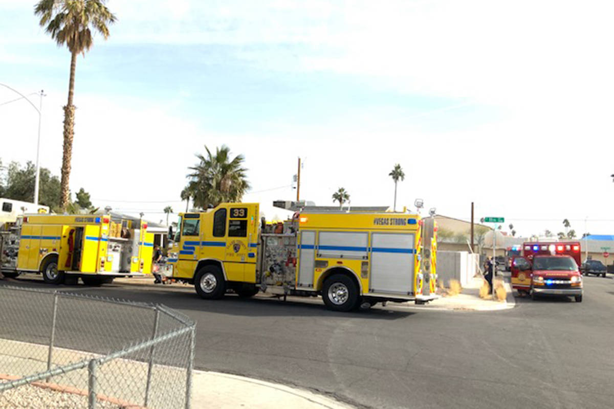 Crews battle a fire Monday, Feb. 8, 2021, at 1913 S. 11th St. in Las Vegas. (Las Vegas Fire Dep ...