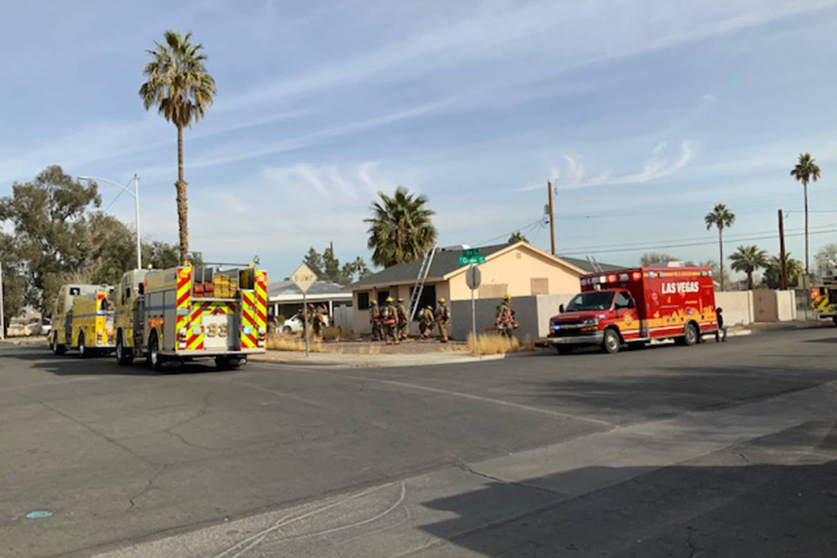 Crews battle a fire Monday, Feb. 8, 2021, at 1913 S. 11th St. in Las Vegas. (Las Vegas Fire Dep ...