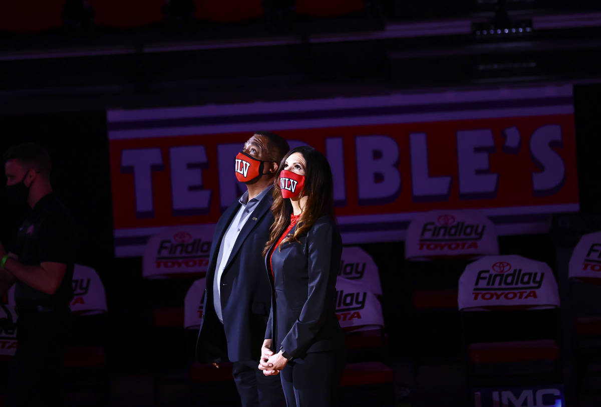 UNLV president Keith Whitfield, left, and athletic director Desiree-Reed Francois look on momen ...