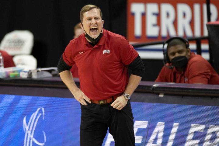 UNLV basketball coach T.J. Otzelberger, shown on Saturday, Feb. 6, 2021, at the Thomas & Mack C ...