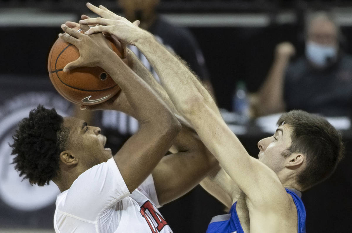 UNLV guard Bryce Hamilton, left, is shown against Air Force on Saturday, Feb. 6, 2021, at the T ...