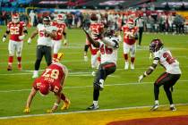 Tampa Bay Buccaneers inside linebacker Devin White makes an interception against Kansas City Ch ...