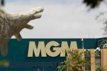 MGM Grand sign and the Bliss Dance statue at The Park photographed on Friday, Aug. 28, 2020, in ...