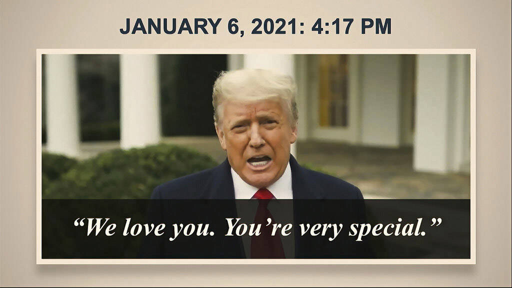 In this image from video, a video from Donald Trump is shown to senators as House impeachment m ...