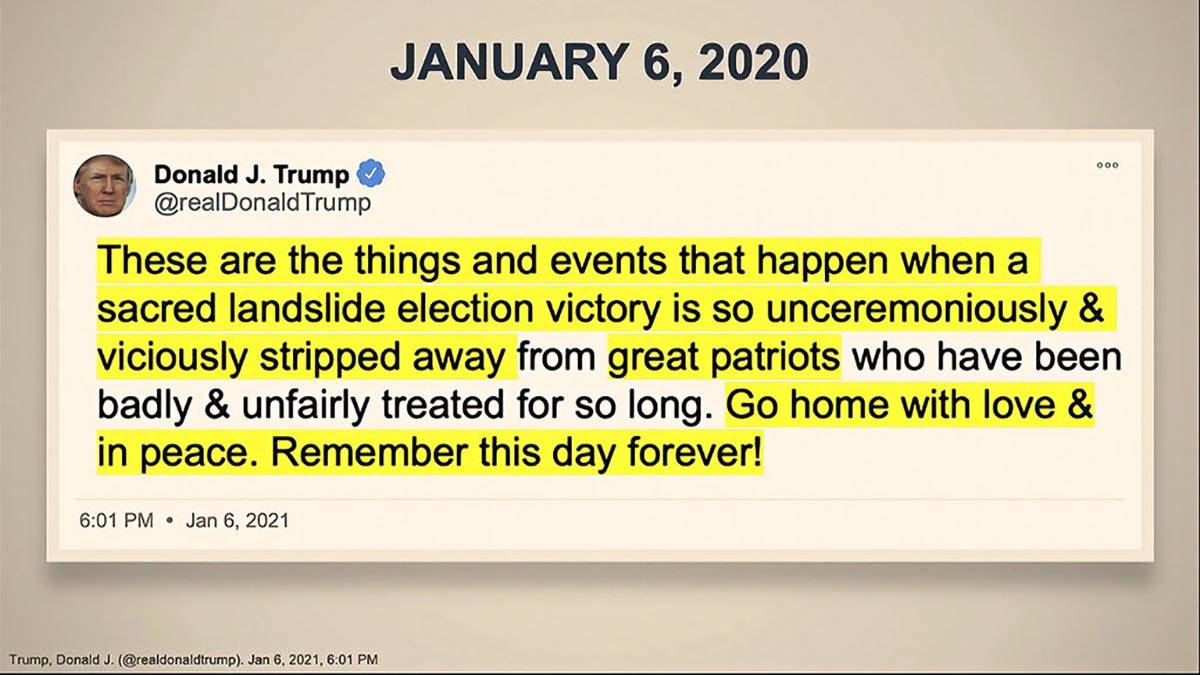 In this image from video, a Tweet is shown to senators as House impeachment manager Rep. Joaqui ...