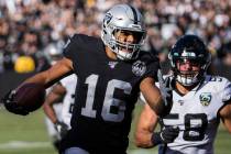 Oakland Raiders wide receiver Tyrell Williams (16) sprints down the sideline past Jacksonville ...