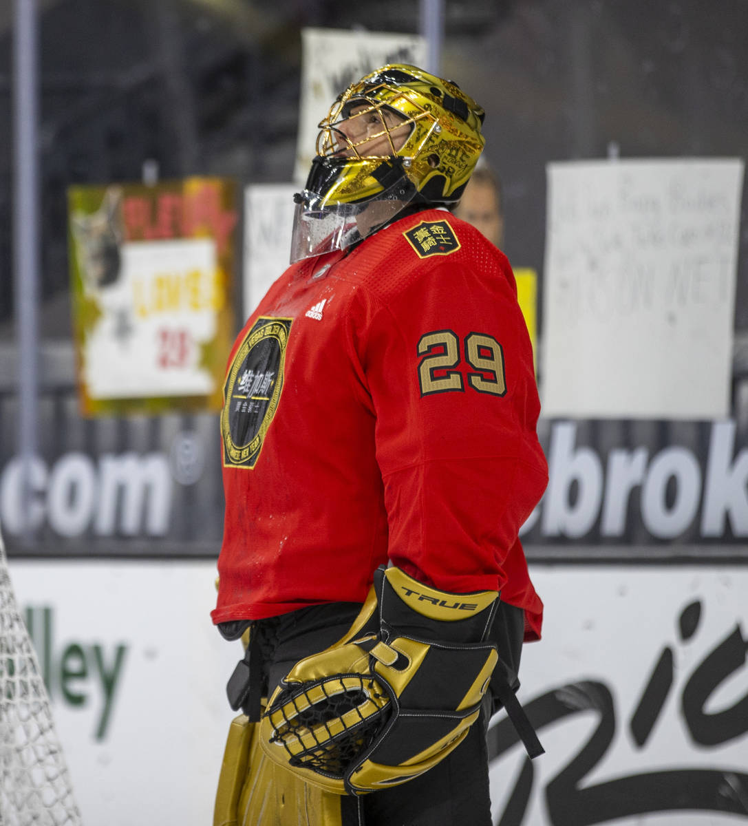 Golden Knights goaltender Marc-Andre Fleury (29) looks up during warm ups before the first peri ...