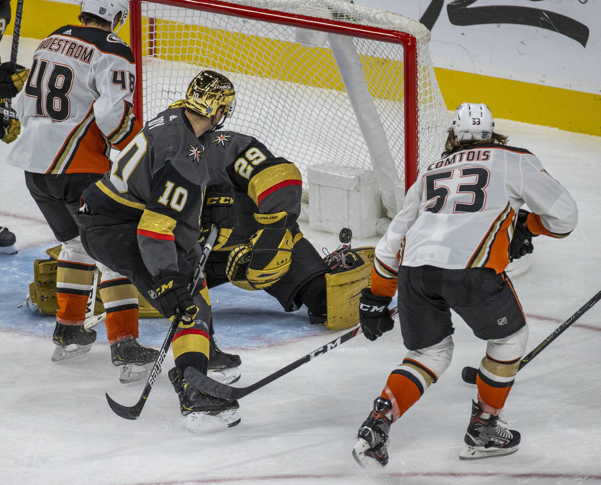 Anaheim Ducks left wing Max Comtois (53) scores as it gets behind Golden Knights goaltender Mar ...