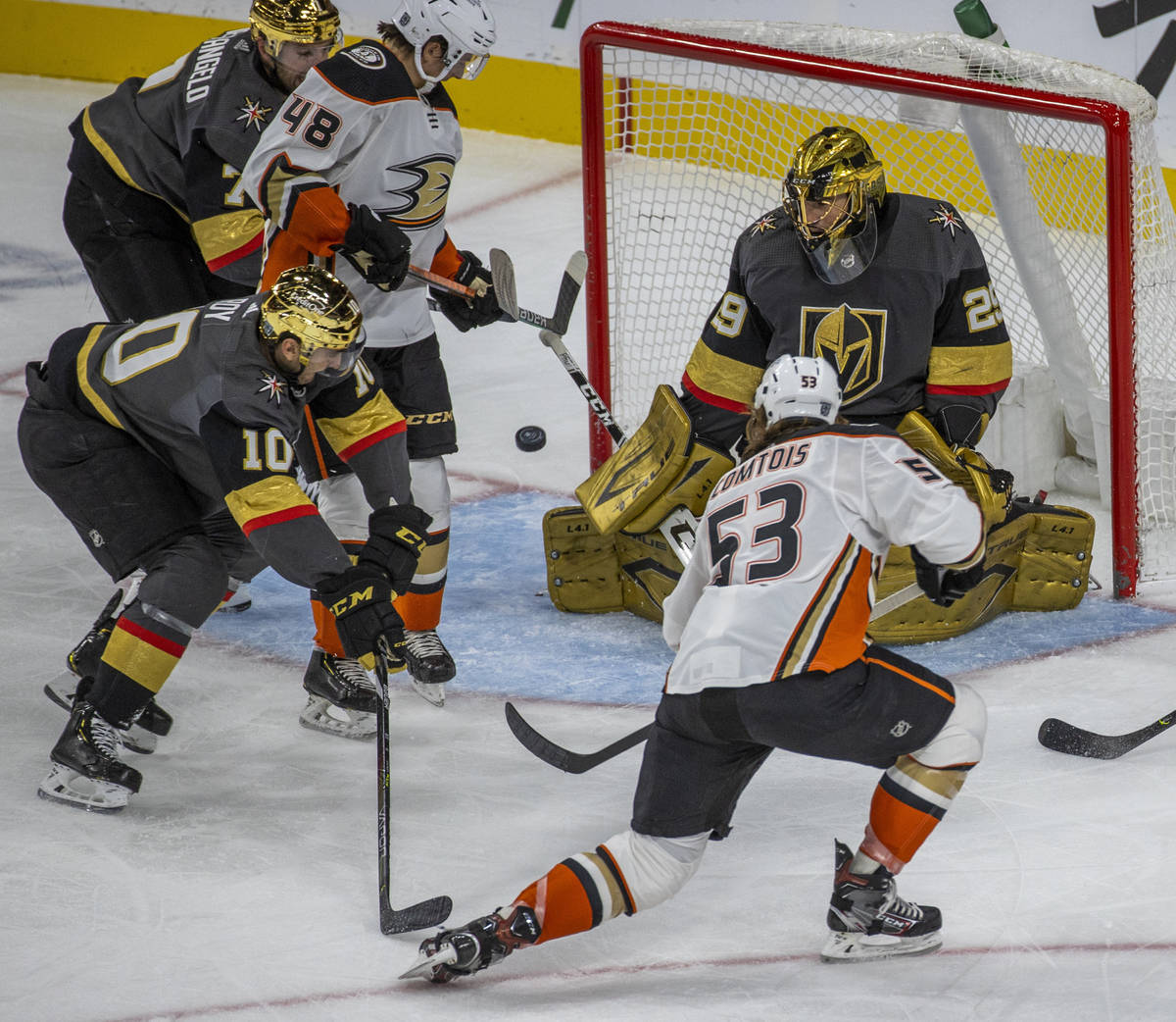 Anaheim Ducks left wing Max Comtois (53) scores as Golden Knights goaltender Marc-Andre Fleury ...