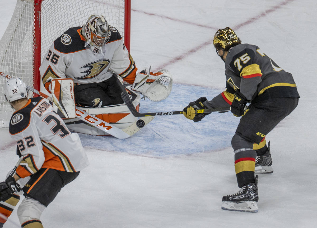 Anaheim Ducks goaltender John Gibson (36) makes another save late versus Golden Knights right w ...