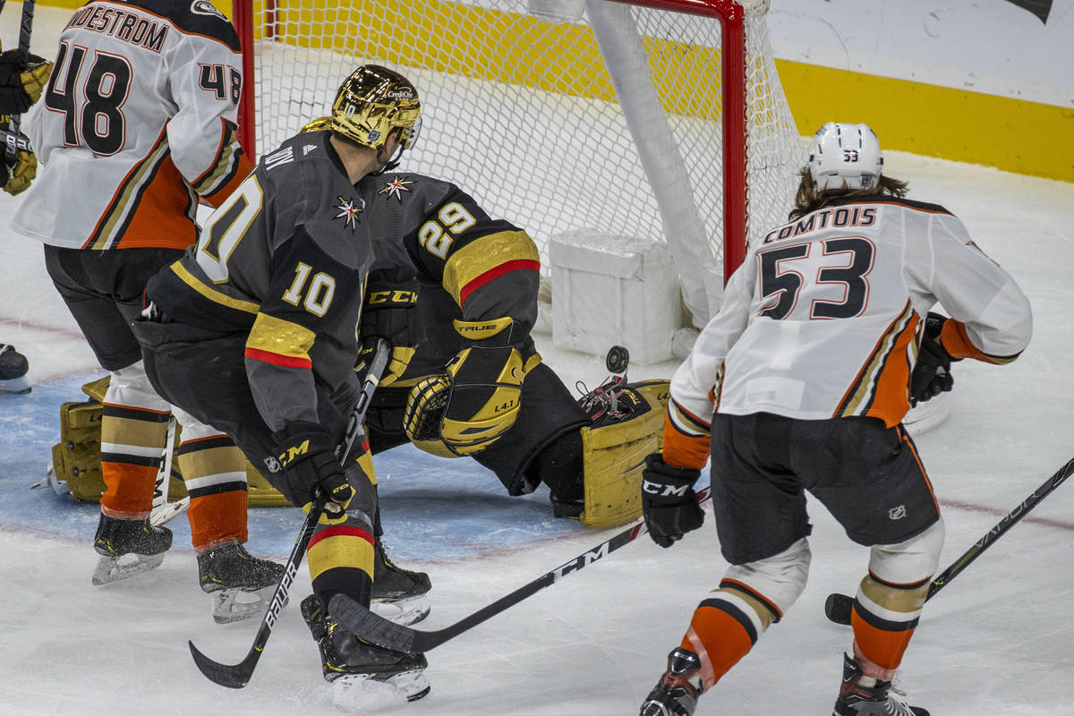 Anaheim Ducks left wing Max Comtois (53) scores as it gets behind Golden Knights goaltender Mar ...