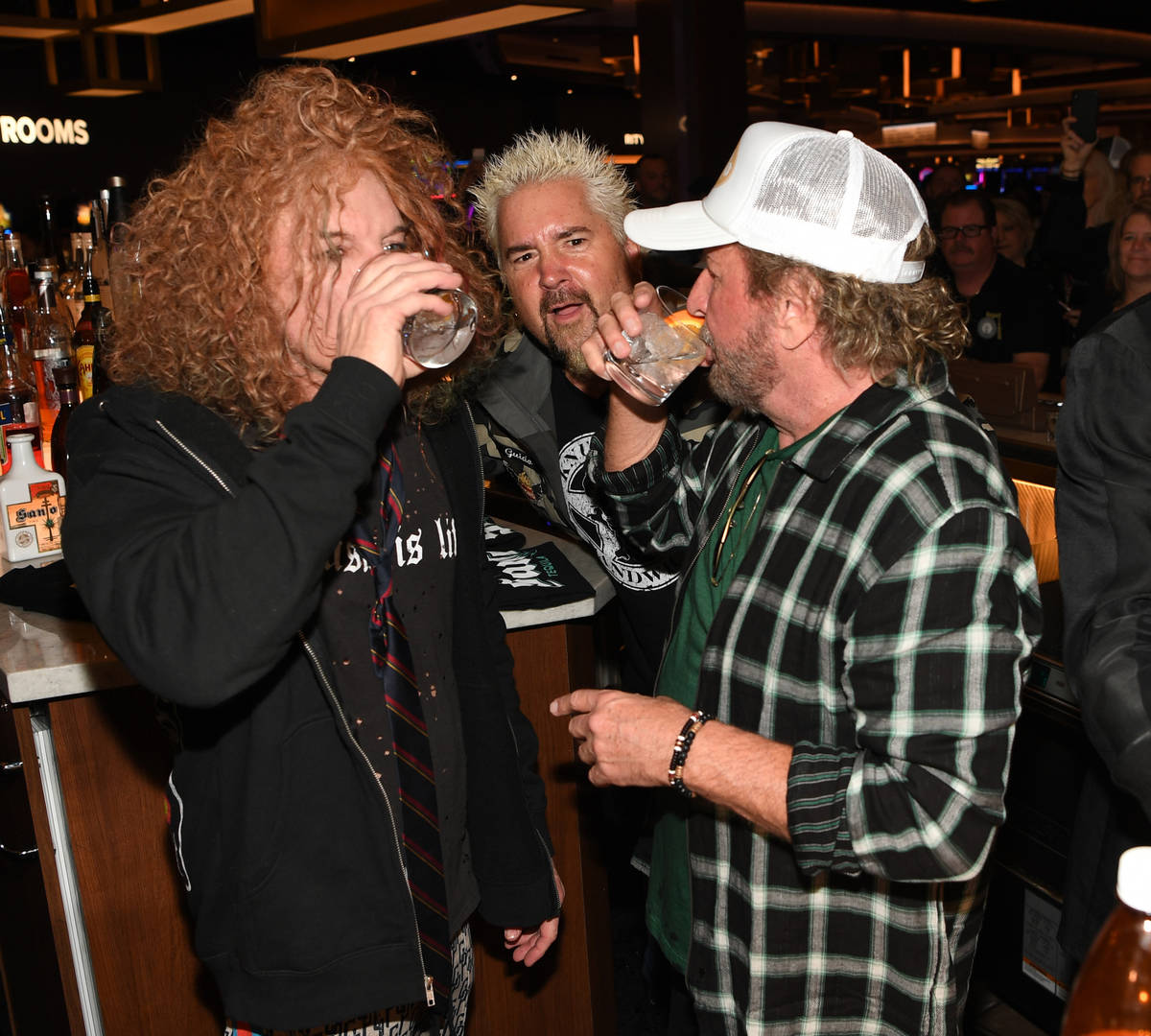 Comedian Carrot Top, restaurateur/tv personality Guy Fieri and musician/entrepreneur Sammy Haga ...