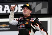 Noah Gragson celebrates in Victory Lane after winning the NASCAR Xfinity series auto race at Da ...