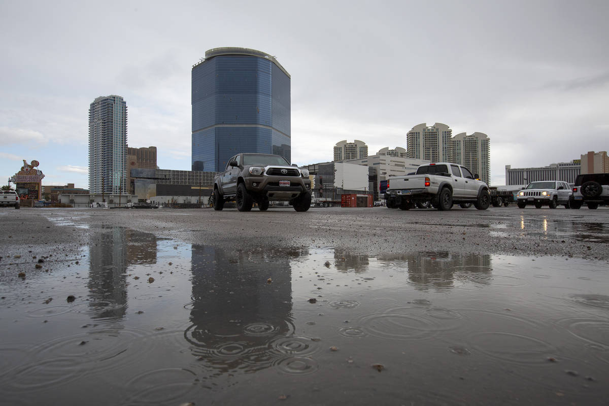 The Drew Las Vegas is seen in the background of a vacant parcel on the north end of the Las Veg ...