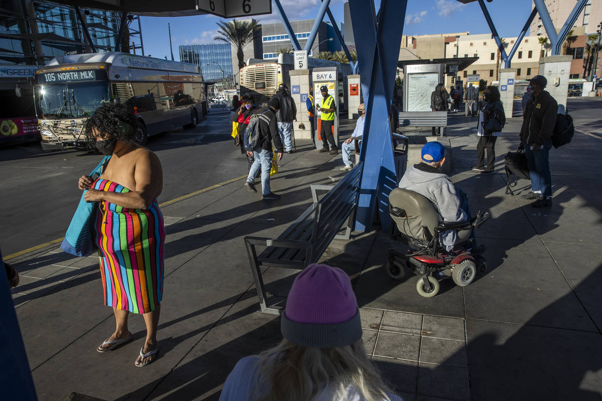 Passengers arrive and depart at the Bonneville Transit Center operated by the Regional Transpor ...