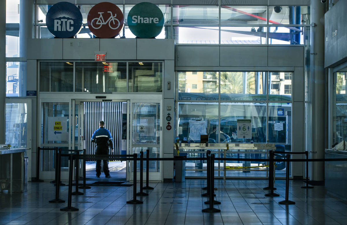 A security officer stands watch at the Bonneville Transit Center operated by the Regional Trans ...
