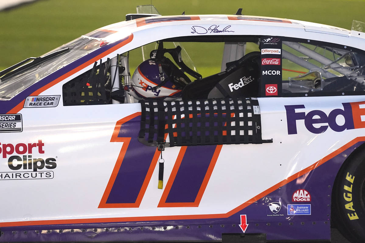 Denny Hamlin's car parked on pit road before the NASCAR Clash auto race at Daytona Internationa ...