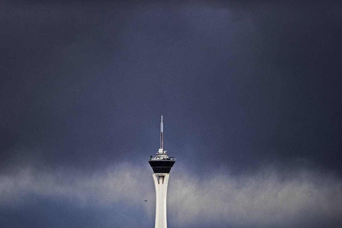 Heavy winds and rain pass by The Strat on Saturday, Feb. 13, 2021, in Las Vegas. (Benjamin Hage ...