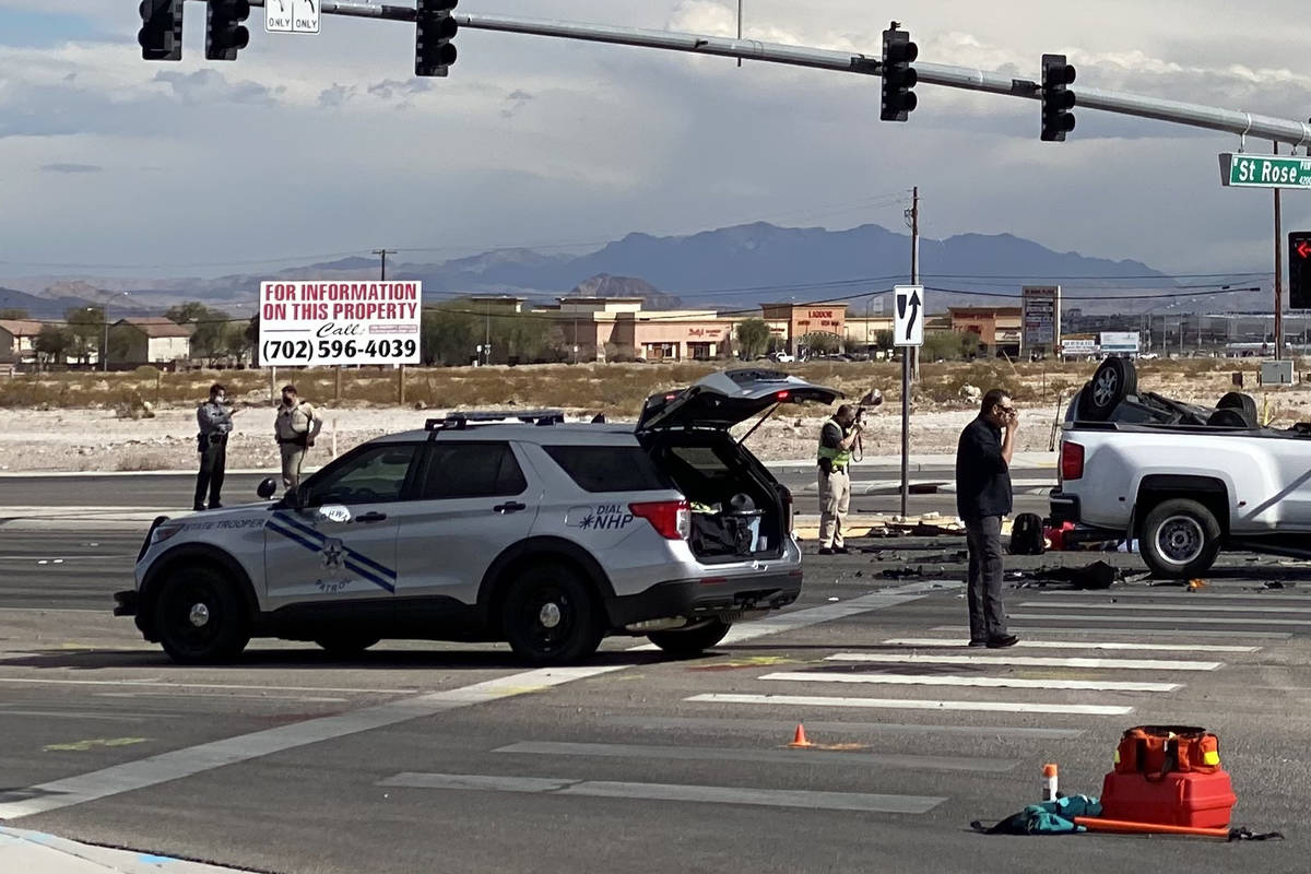 Police investigate a fatal crash Saturday, Feb. 13, 2021, at Las Vegas Boulevard South and St. ...