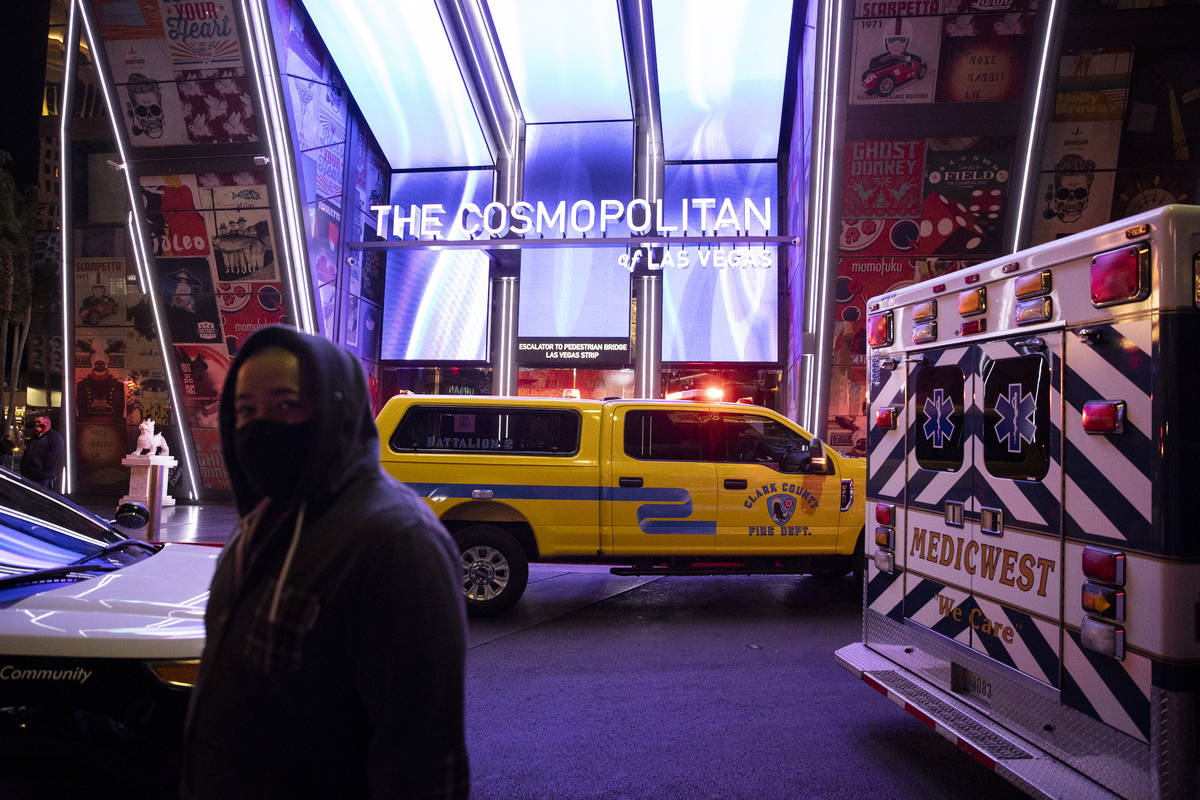 Emergency crews respond to a fire at The Cosmopolitan hotel-casino in Las Vegas, on Saturday, F ...