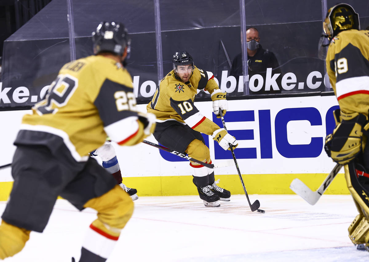 Golden Knights center Nicolas Roy (10) skates with the puck during the first period of an NHL h ...