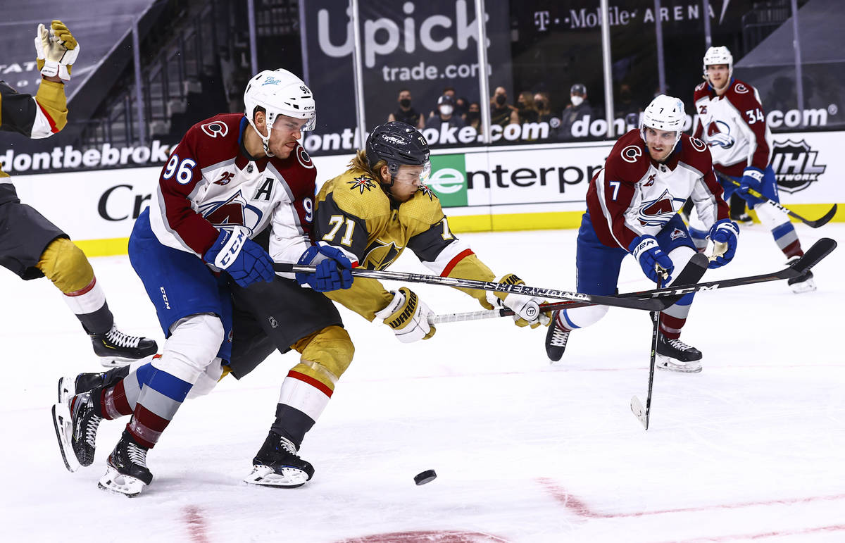 Colorado Avalanche right wing Mikko Rantanen (96) and Golden Knights center William Karlsson (7 ...