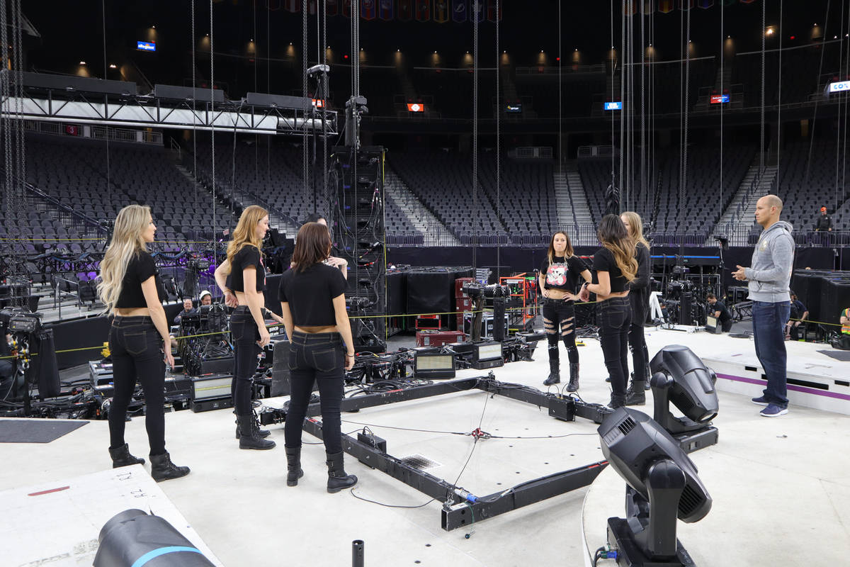 Choreographer Anthony Cardella is shown with the cast of "X Rocks" at T-Mobile Arena prior to t ...