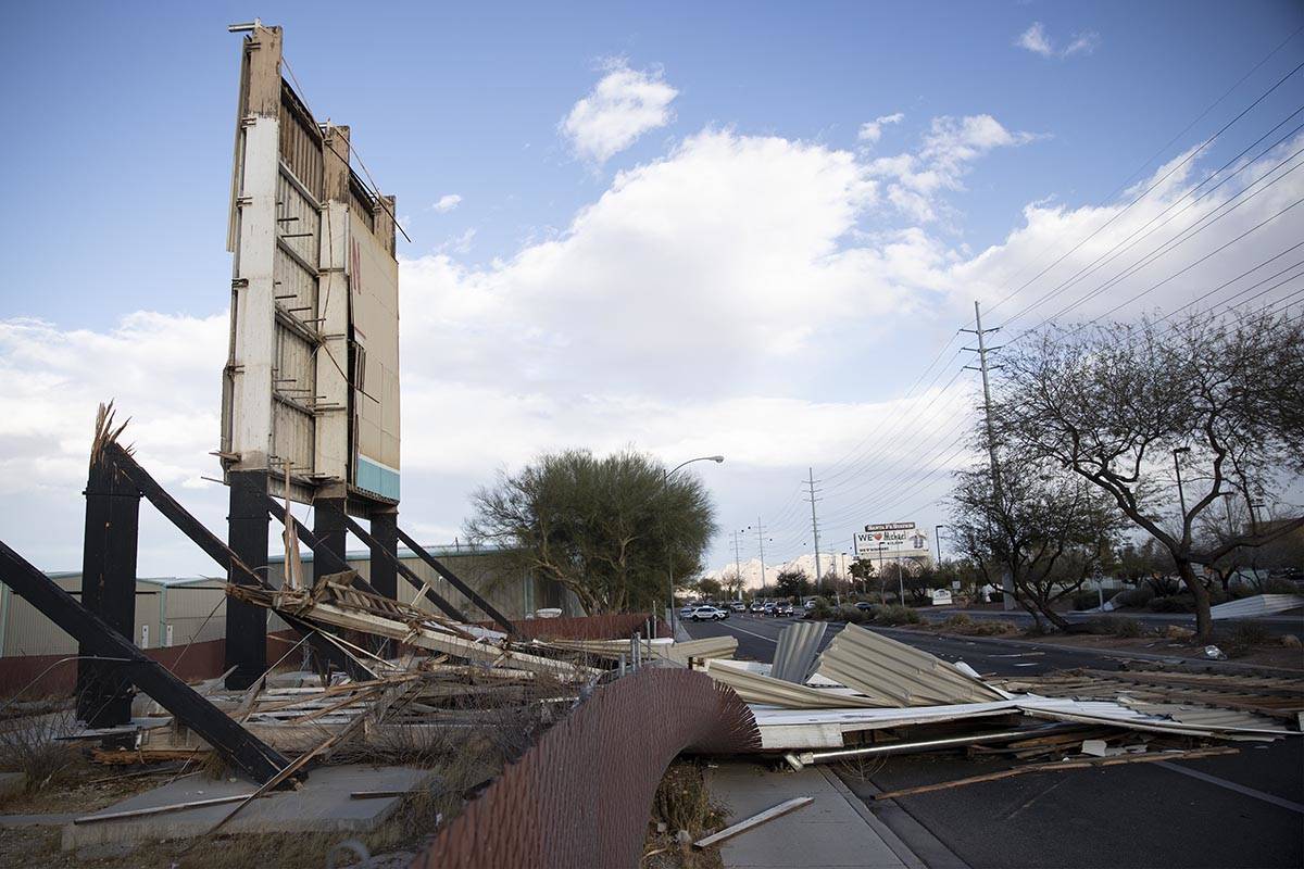 A fallen movie screen from the West Wind Las Vegas Drive-In blocks the westbound lanes of W Car ...