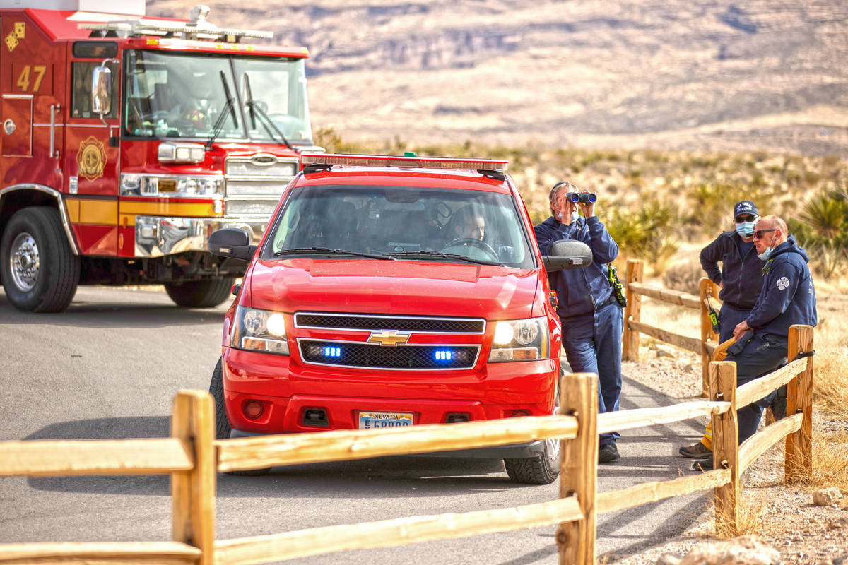 Las Vegas Fire & Rescue responds to the scene where a climber fell and seriously injured hi ...