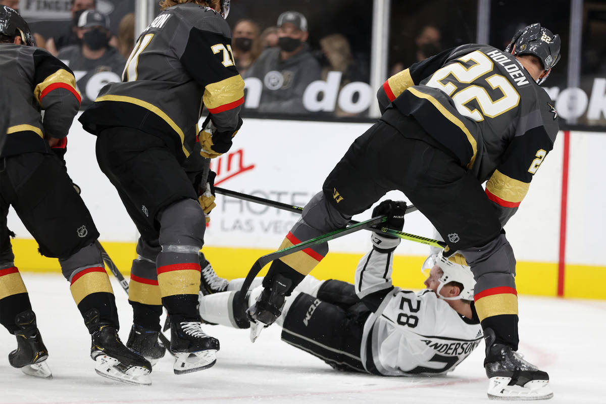 Vegas Golden Knights Nick Holden (22) defends against Los Angeles Kings center Jaret Anderson-D ...