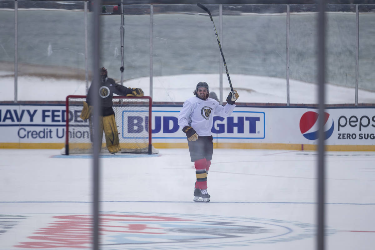 Vegas Golden Knights right wing Mark Stone (61) skates during a practice on an outdoor rink bui ...