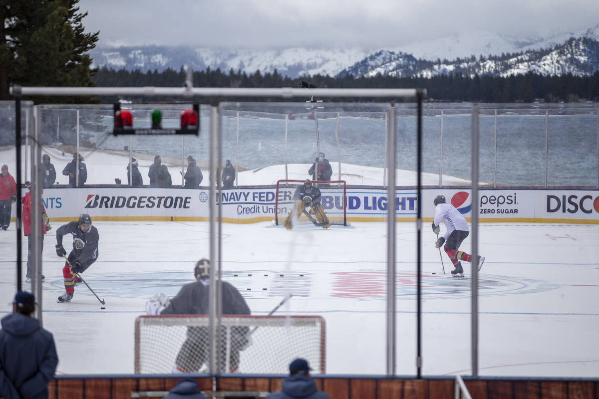 Vegas Golden Knights goaltender Marc-Andre Fleury (29) defends his goal during a practice on an ...