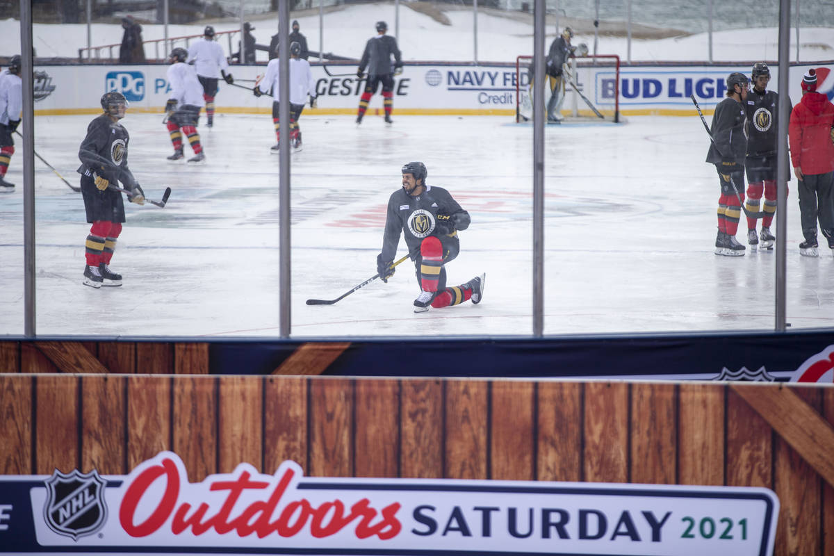 Vegas Golden Knights right wing Ryan Reaves (75) kneels on the ice as the team practices an out ...
