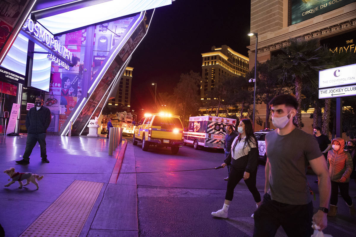 Emergency crews respond to a fire at The Cosmopolitan hotel-casino in Las Vegas, on Saturday, F ...
