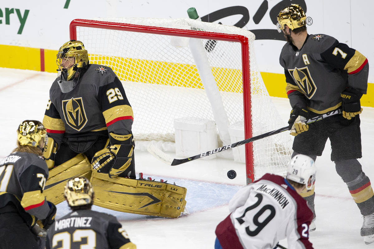 Golden Knights goaltender Marc-Andre Fleury (29) lets in a goal during the first period of thei ...