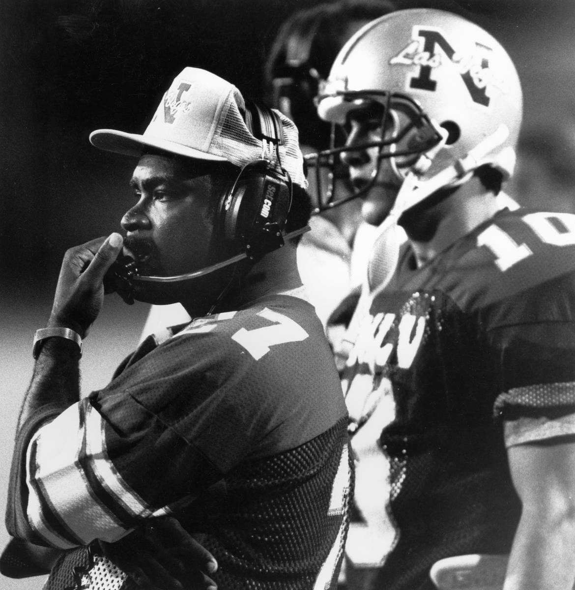 UNLV coach Wayne Nunnely coaches in uniform on Oct. 3, 1987, against UNR at Sam Boyd Stadium. P ...