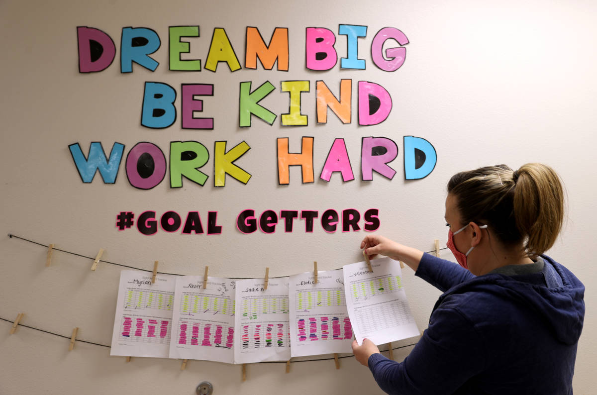 Kindergarten teacher Molly Wood prepares her classroom at McCaw STEAM Academy in Henderson Wedn ...