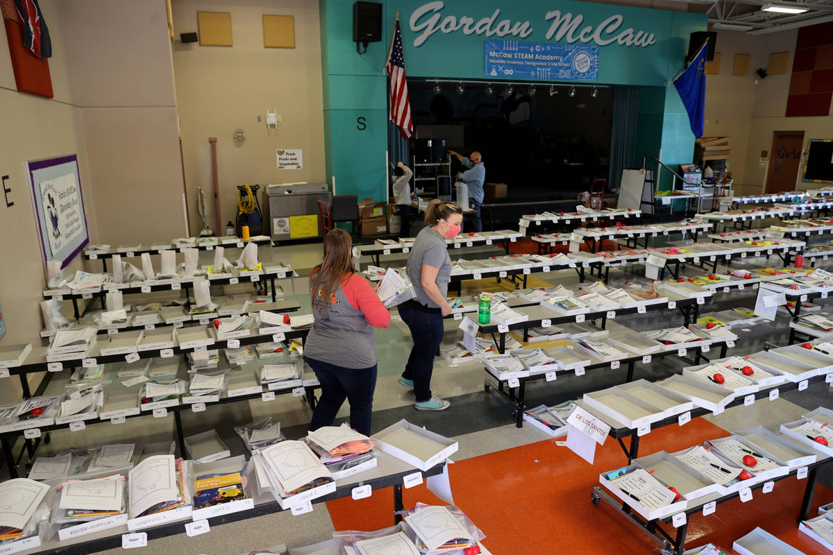 First grade teacher Jessica Colgate, left and kindergarten teacher Molly Wood prepare to delive ...