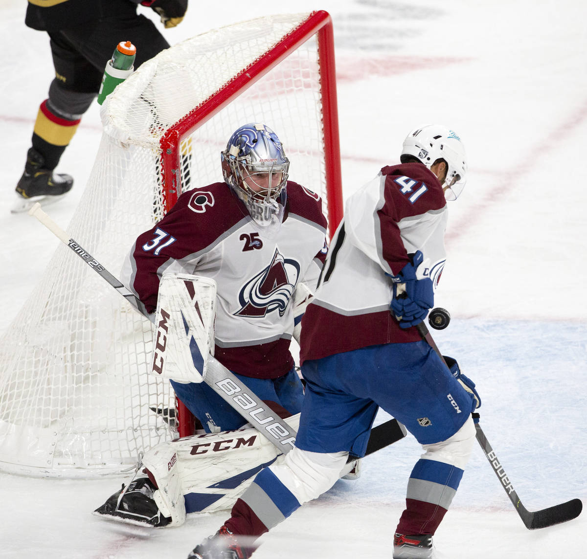 Colorado Avalanche goaltender Philipp Grubauer (31) blocks a shot on goal during the third peri ...