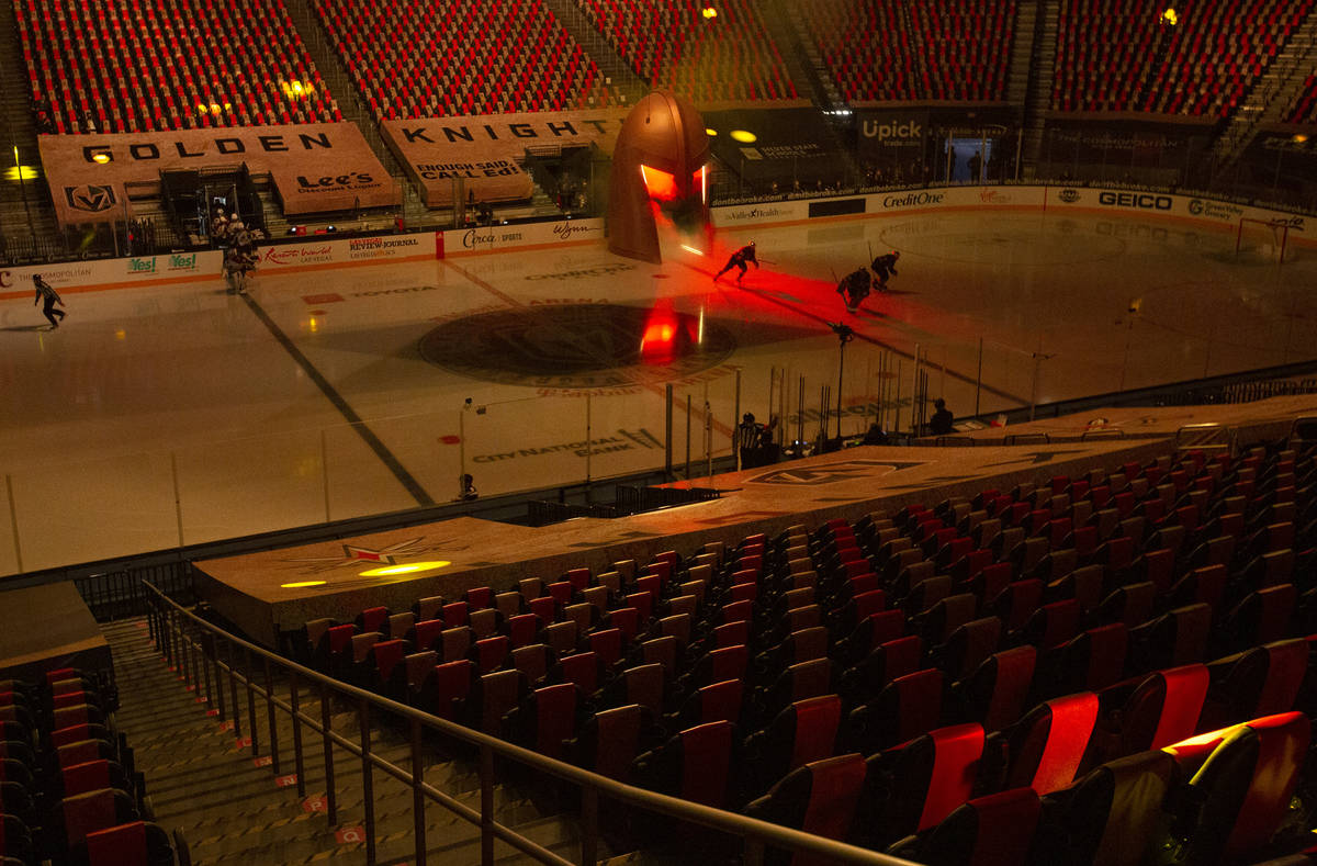 The Golden Knights take the ice to an arena empty of fans due to the COVID-19 pandemic before t ...