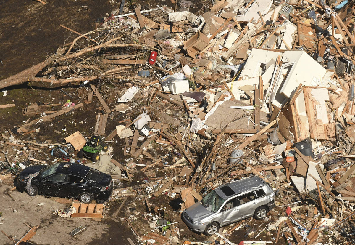 This aerial photo shows the devastation Tuesday Feb. 16, 2021, in the Ocean Ridge Plantation ar ...