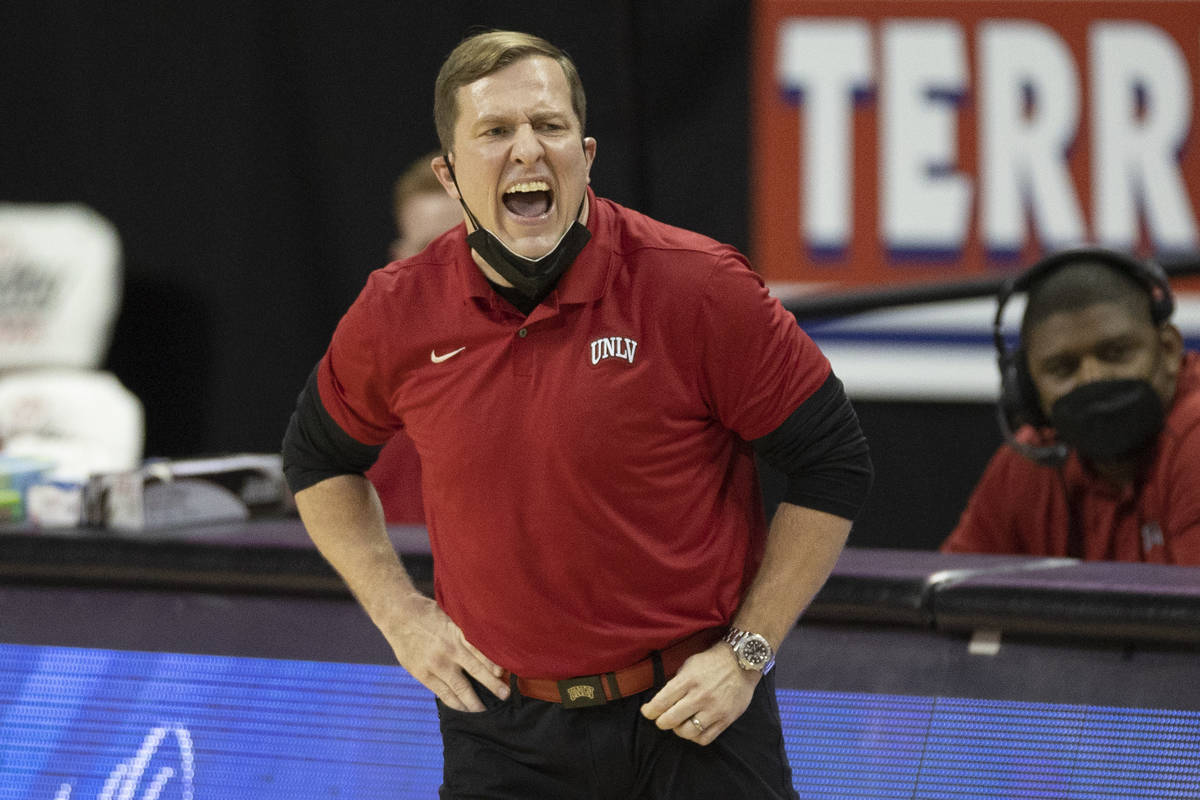 UNLV basketball coach T.J. Otzelberger, shown on Saturday, Feb. 6, 2021, at the Thomas & Mack C ...