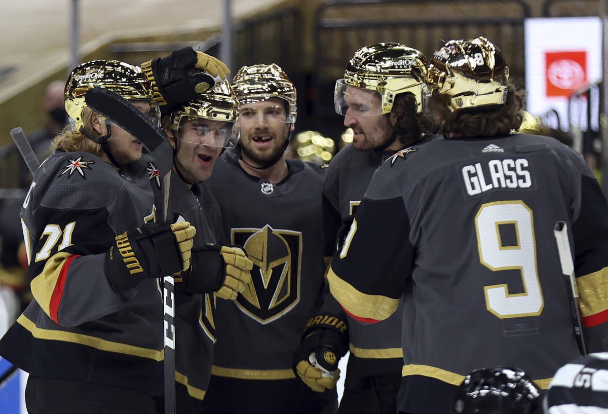 Vegas Golden Knights celebrate after left wing Max Pacioretty (67) scored on the Colorado Avala ...