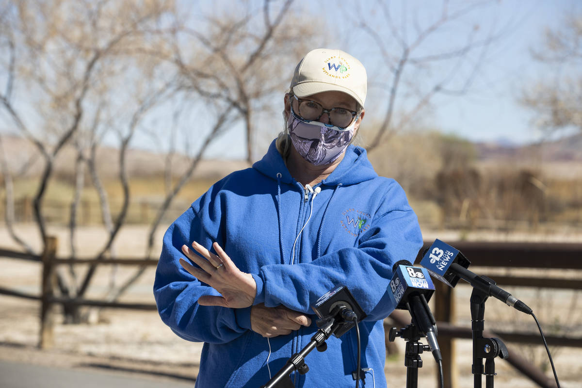 Liz Bickmore, programs manager for Clark County Wetlands Park, talks about the fire that burned ...