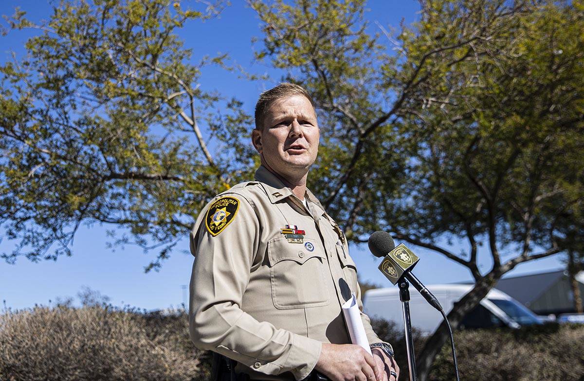 The Metropolitan Police Department Summerlin Area Capt., Fred Haas, addresses the media to disc ...