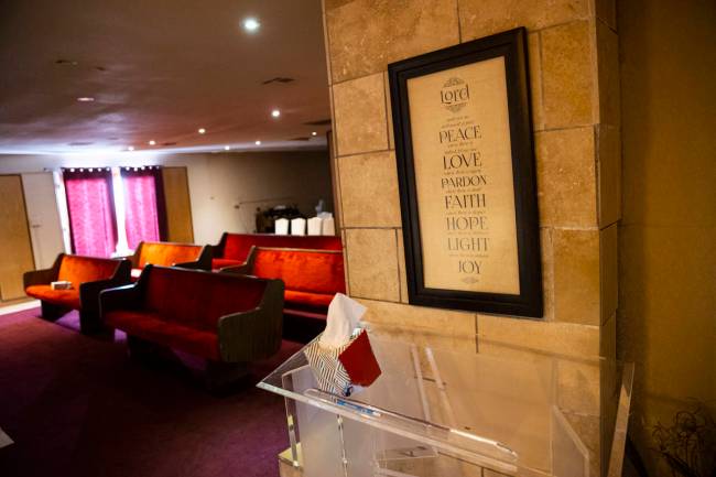 A view of the chapel at Clark County Funeral Services in Las Vegas on Jan. 22, 2021. (Chase Ste ...