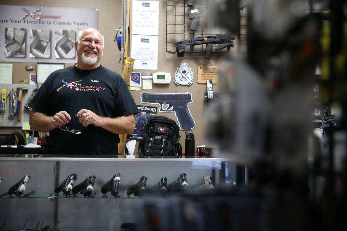 Mark Hames, owner of 2nd Amendment Gun Shop, is interviewed in his Las Vegas store in this Sept ...