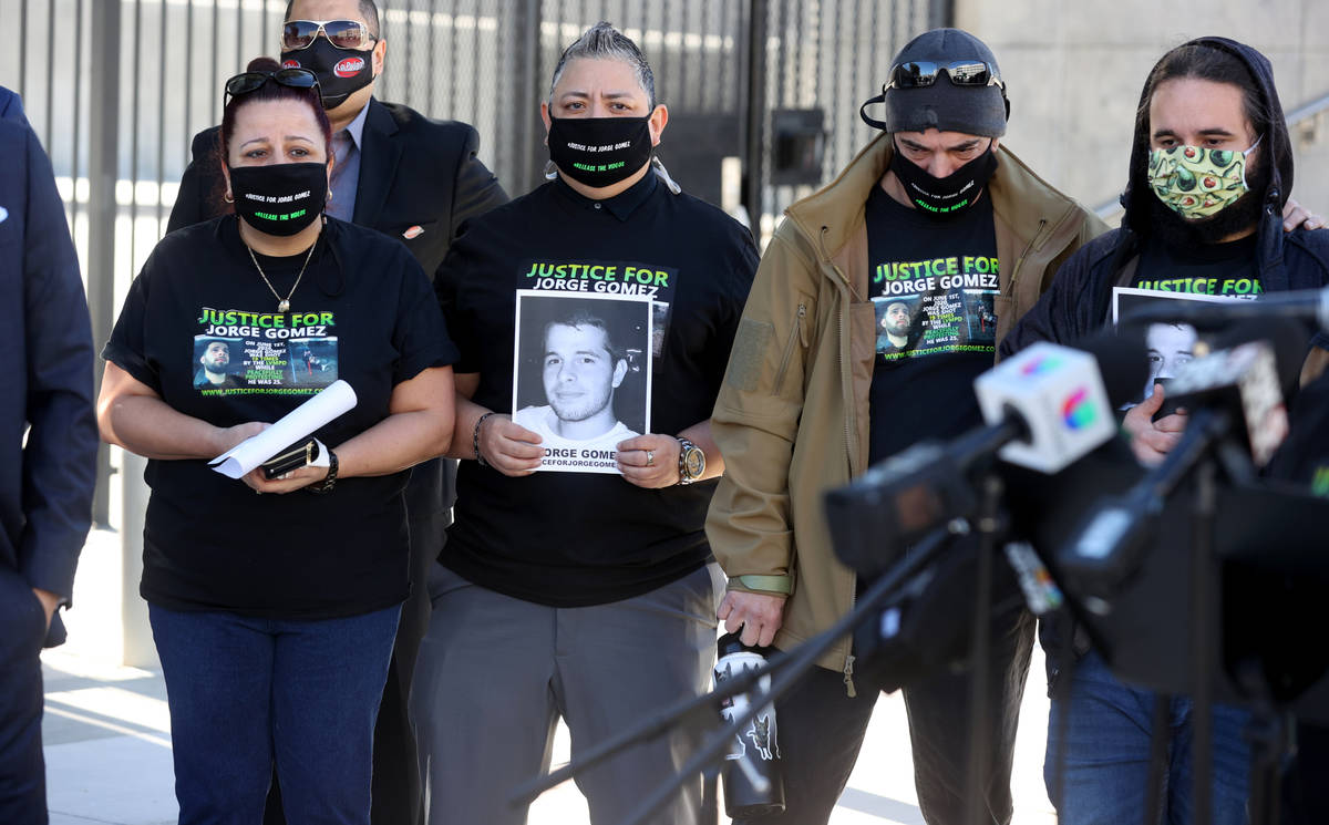 Jeanne Llera, from left, mother of Jorge Gomez, a Black Lives Matter protester who was shot and ...