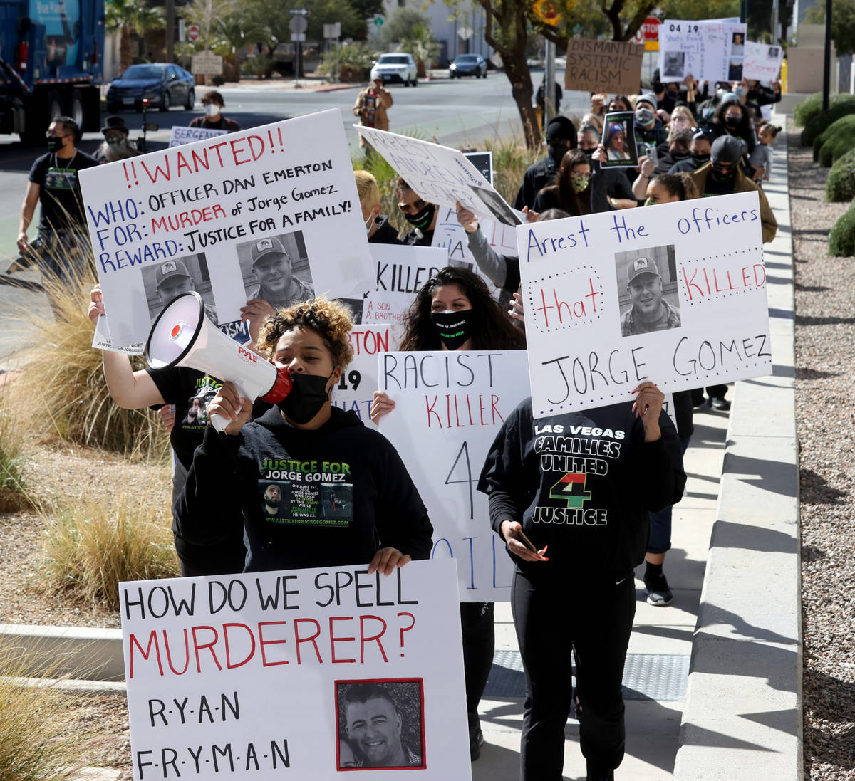 Desiree Smith of "More Than A Hashtag" leads a march for Jorge Gomez, a Black Lives Matter prot ...